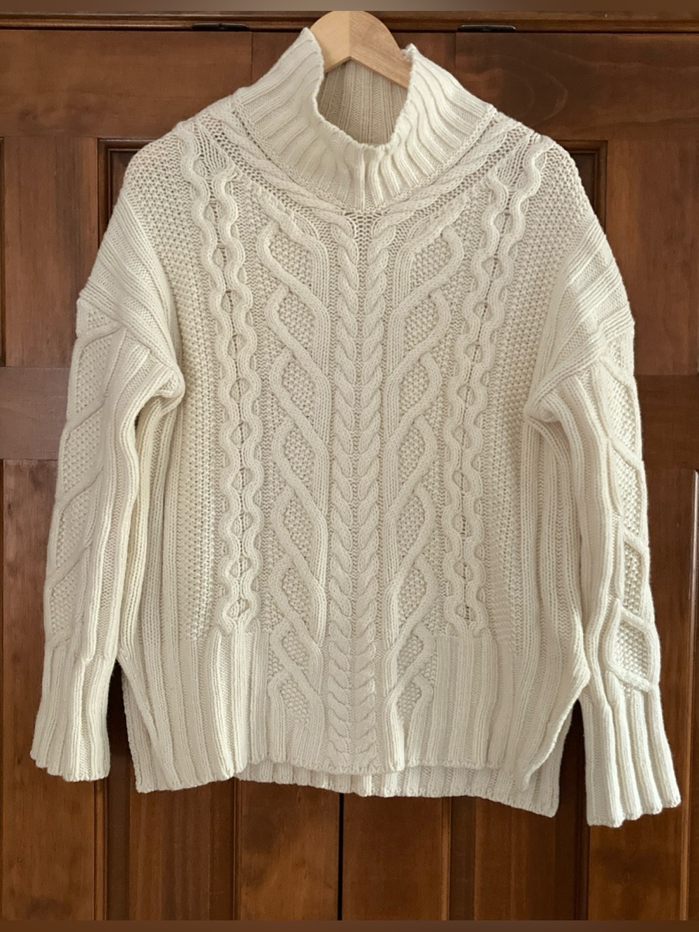 Everlane Cream Cable Knit wool cashmere mock neck boxy sweater women’s small